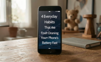 A smartphone on a table surrounded by everyday items, showcasing battery drain habits.