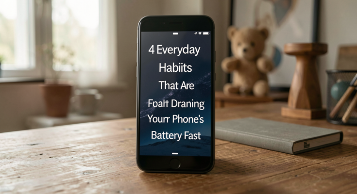A smartphone on a table surrounded by everyday items, showcasing battery drain habits.
