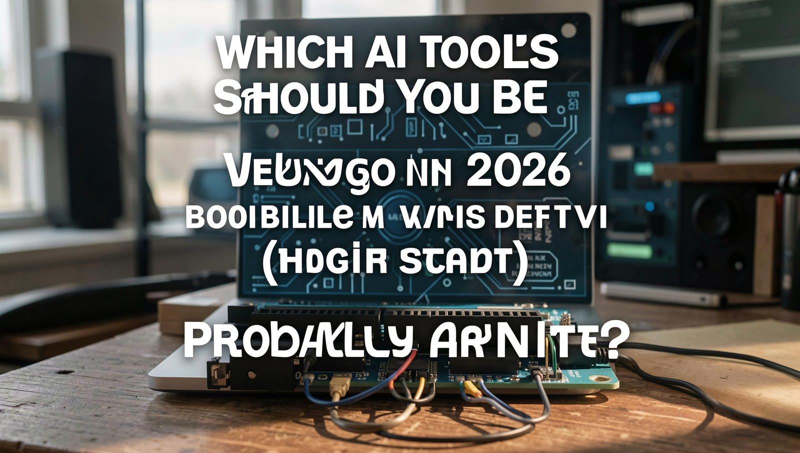 A high-end magazine cover featuring futuristic AI tools in a realistic setting.