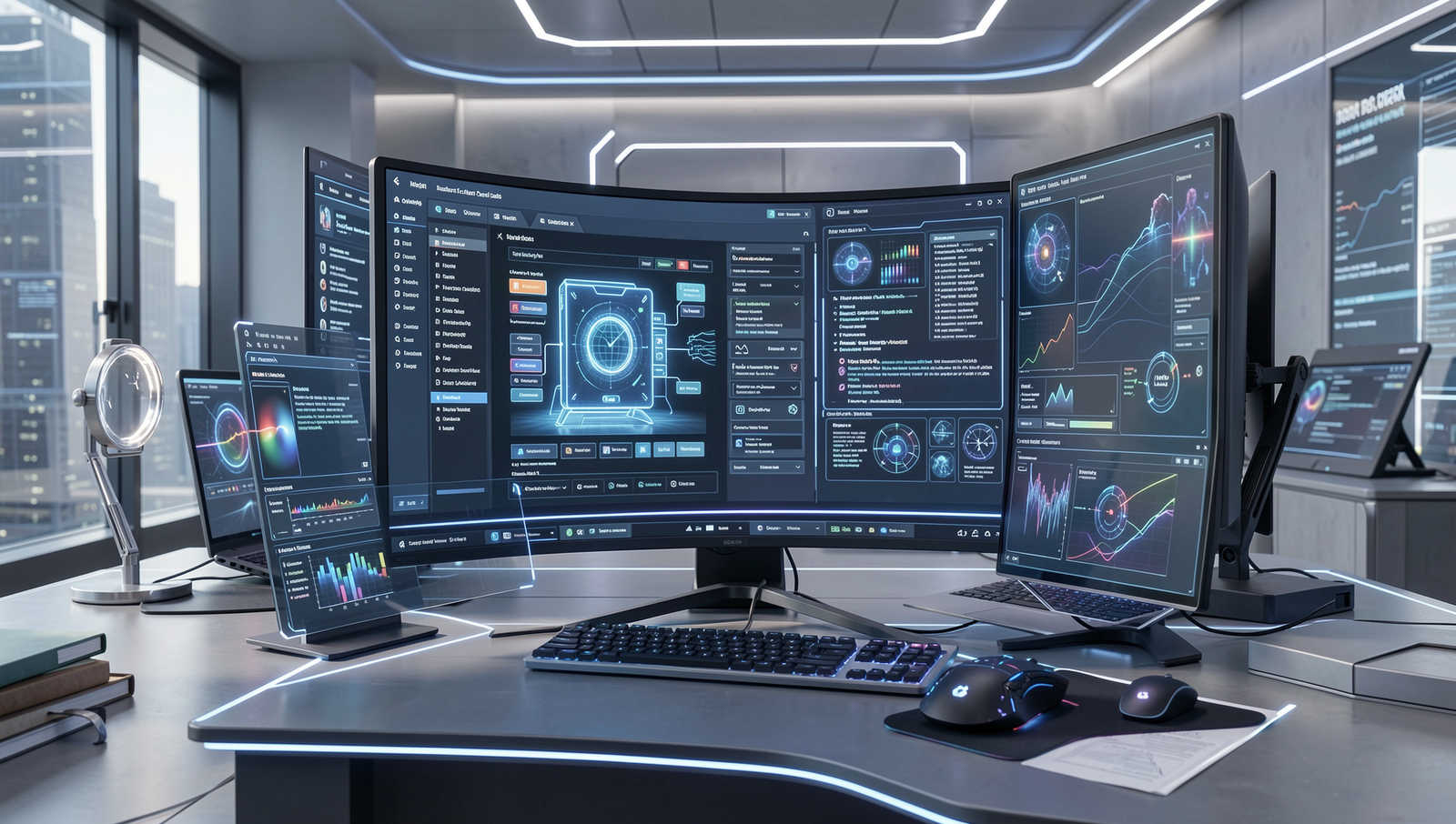 Futuristic workspace featuring advanced AI tools for content creation in natural lighting.