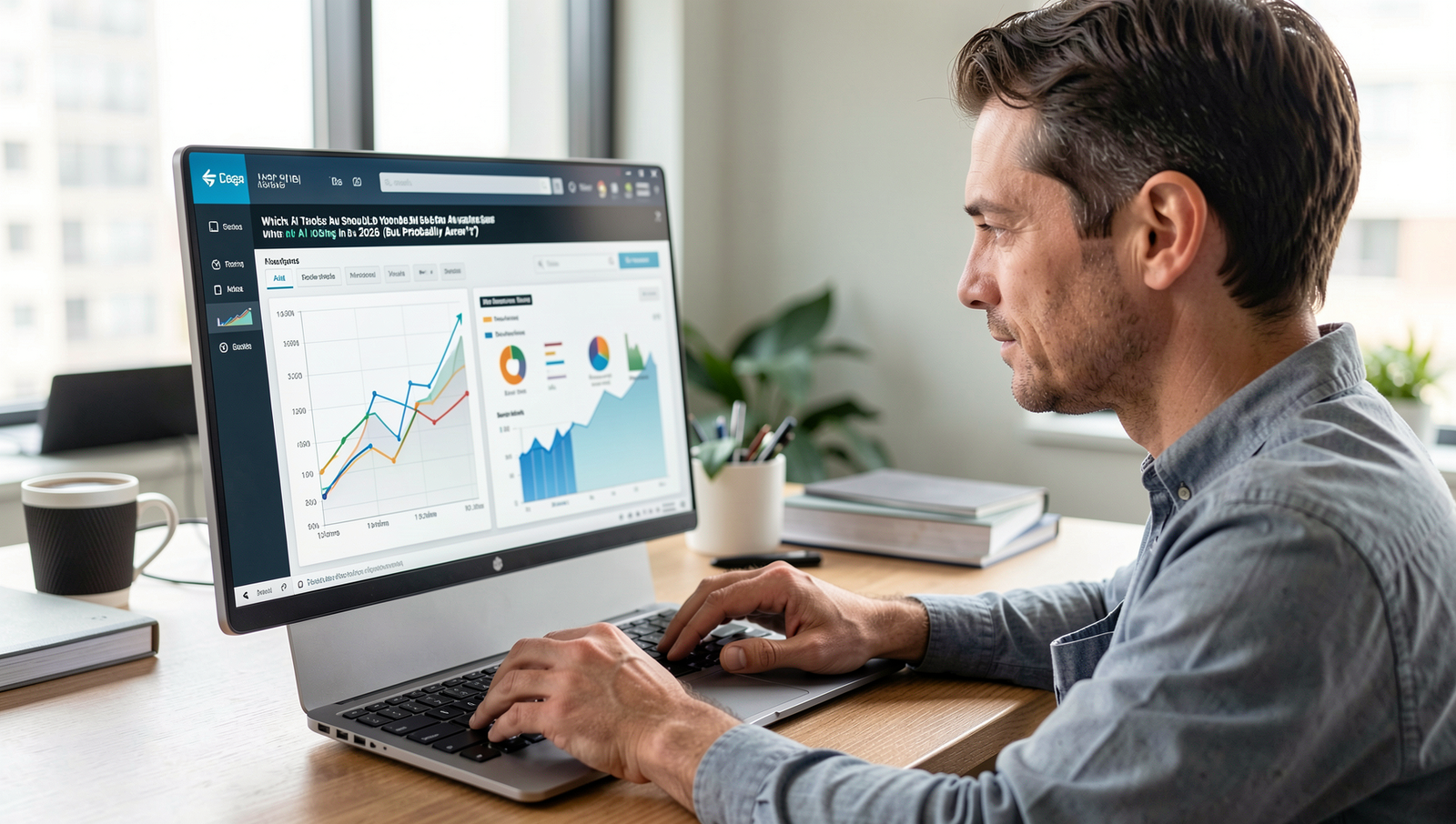 Data analyst utilizing AI tools for data visualization in a professional setting.