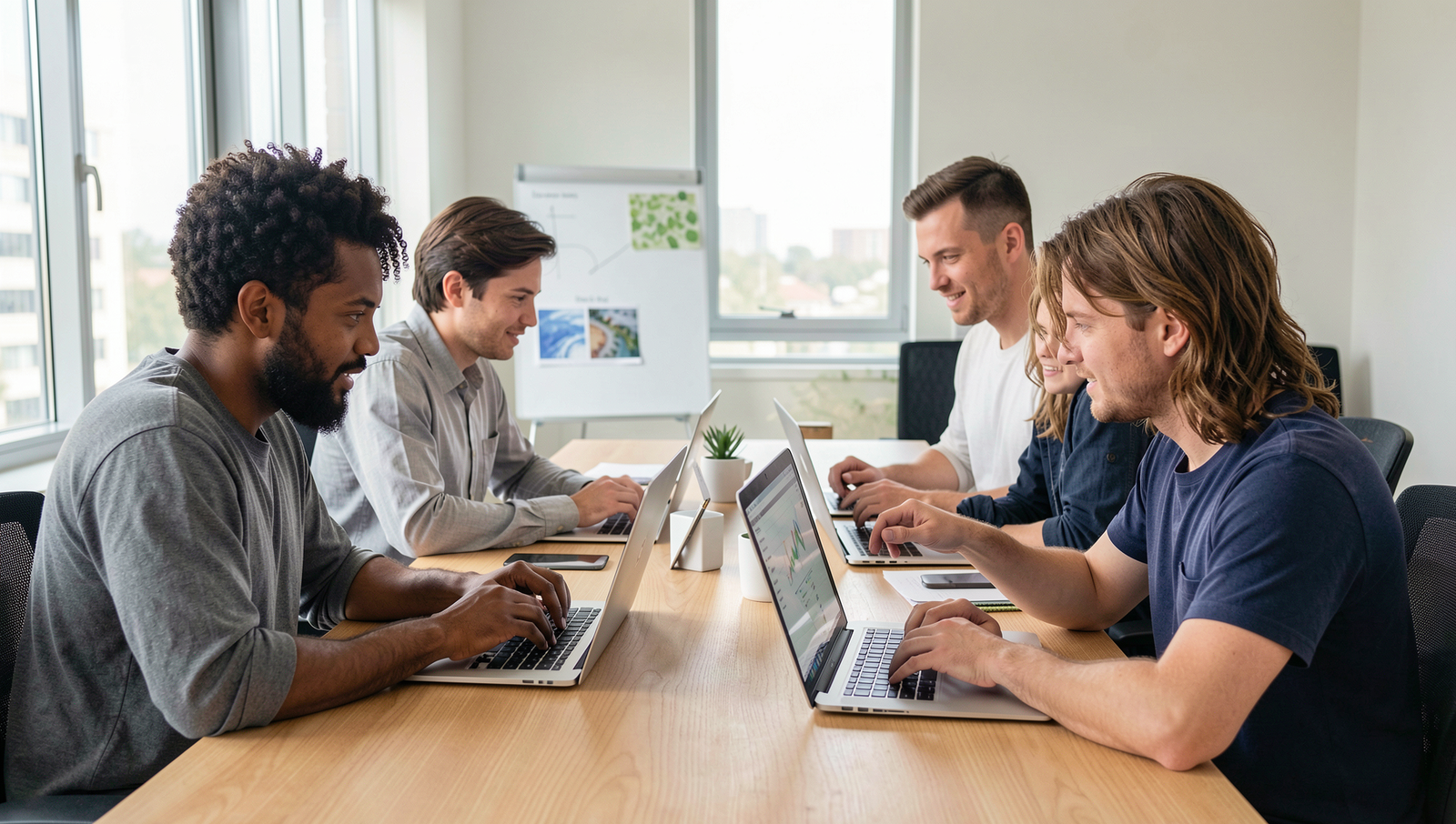 Team collaborating with AI productivity tools in a modern office setting.