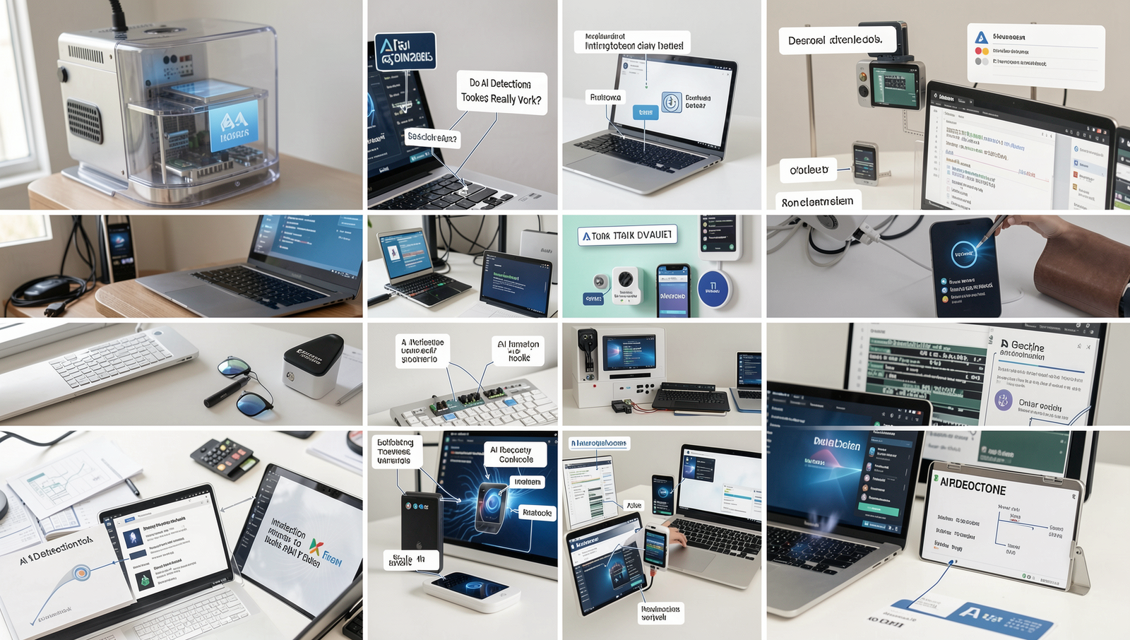 Collage of various AI detection tools in action with realistic lighting and detail.