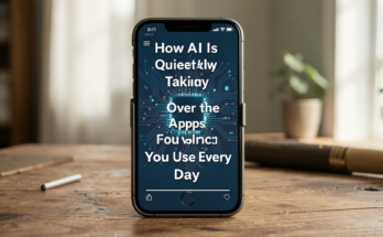 A modern workspace showcasing various apps influenced by AI technology.