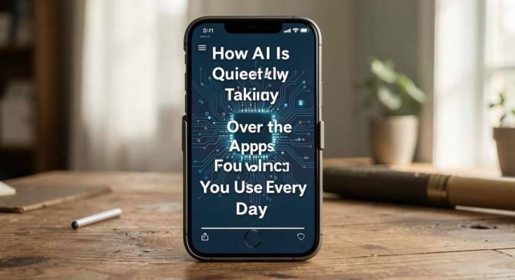 A modern workspace showcasing various apps influenced by AI technology.
