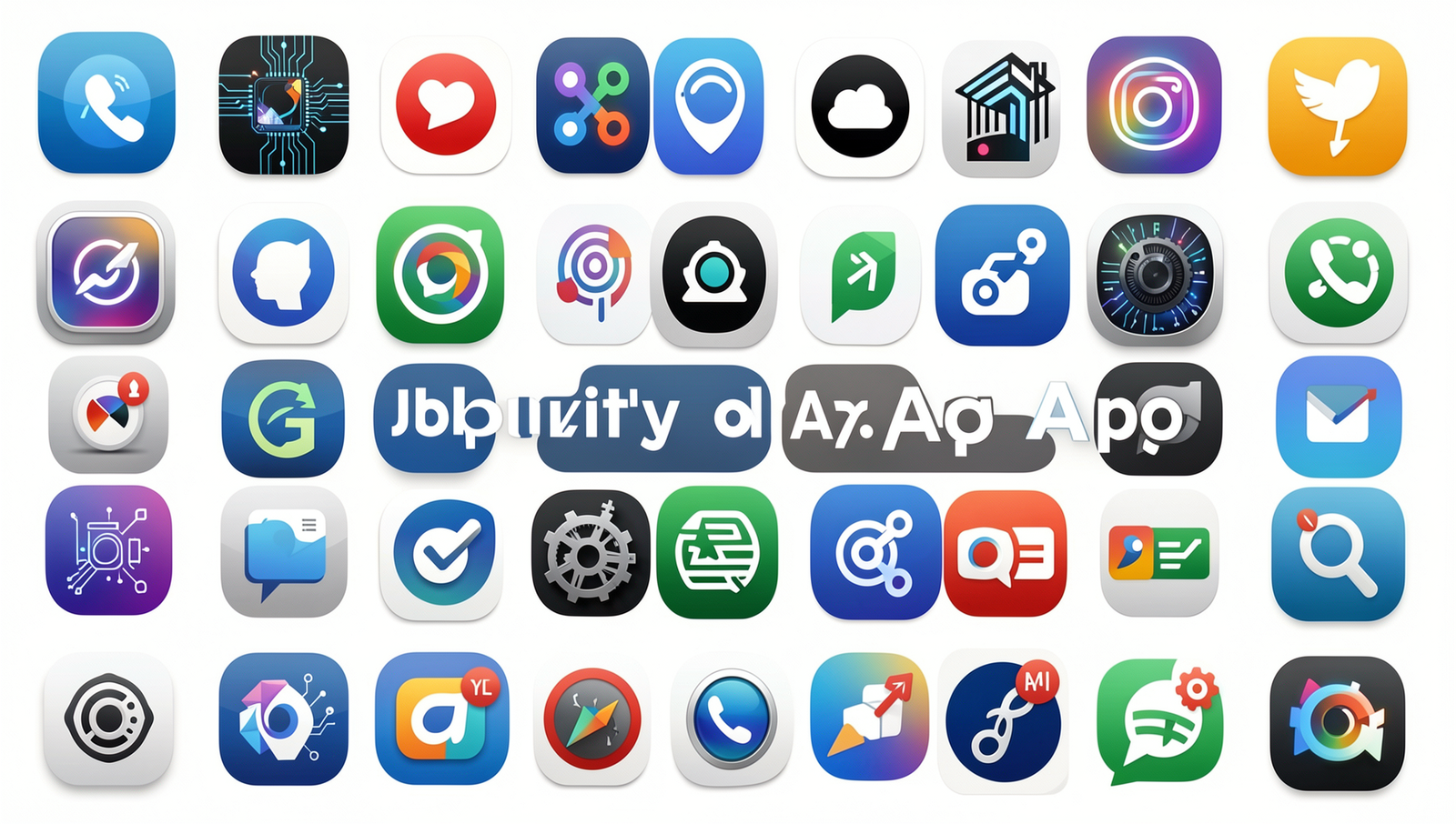 Collage of app icons featuring AI elements in a photorealistic style.
