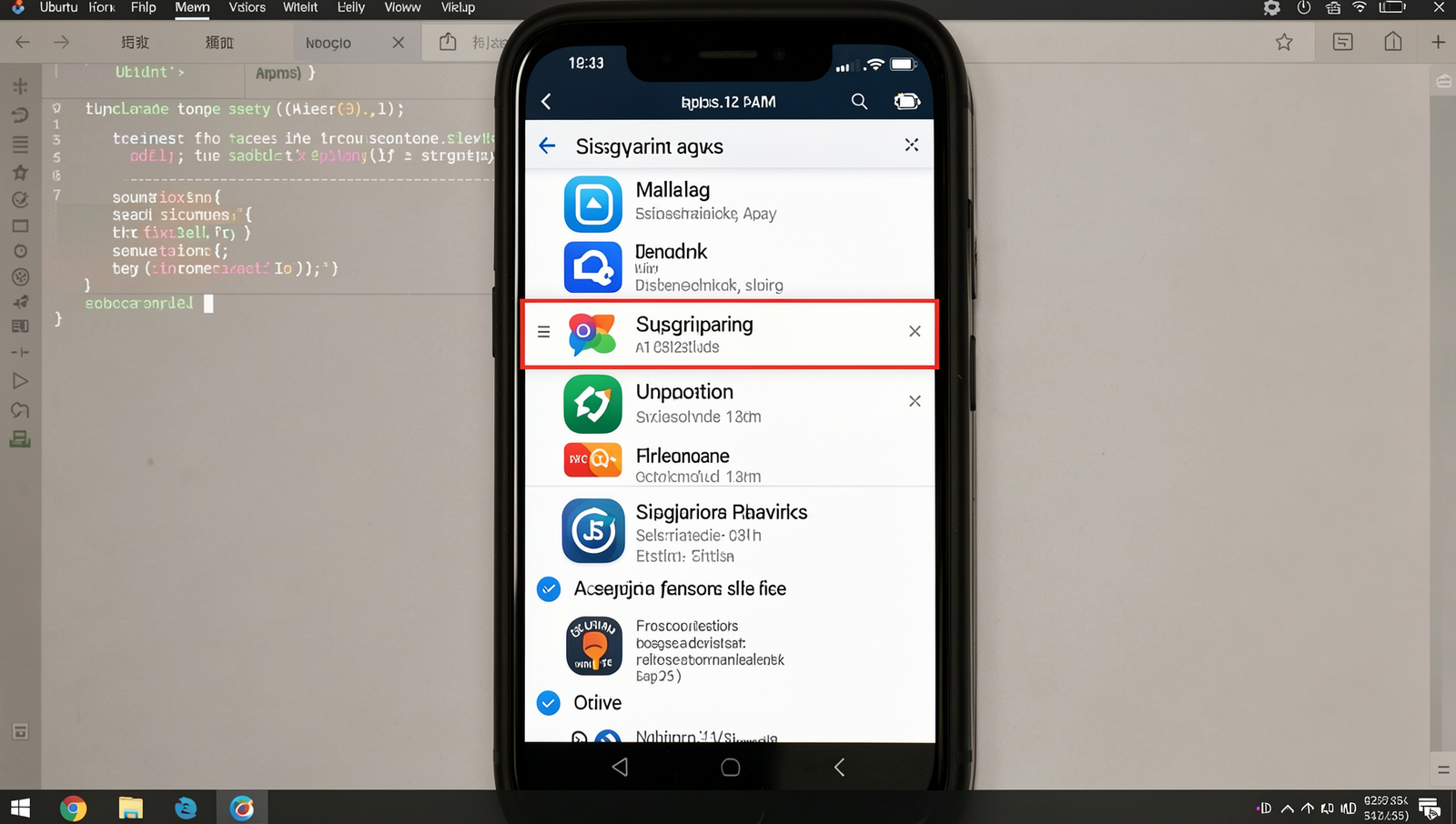 Close-up of a phone screen displaying a list of apps with suspicious ones highlighted.