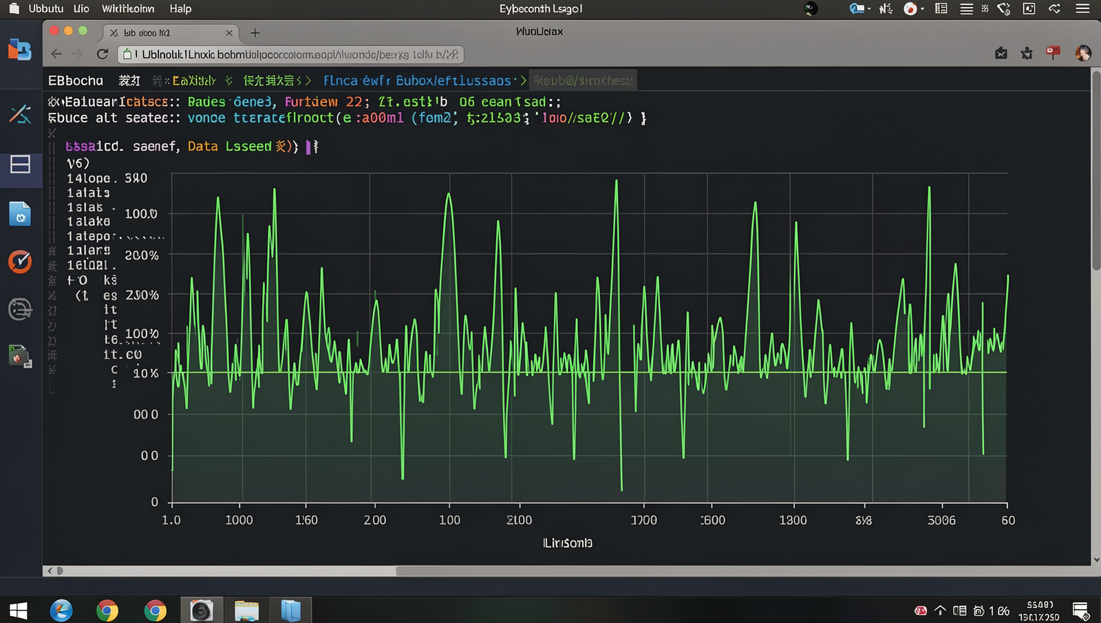 Data usage graph on a Linux desktop showing spikes in usage with realistic terminal UI.