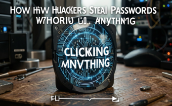 A hacker's workspace with a laptop and cybersecurity tools in a dimly lit room.