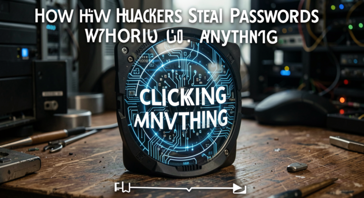 A hacker's workspace with a laptop and cybersecurity tools in a dimly lit room.