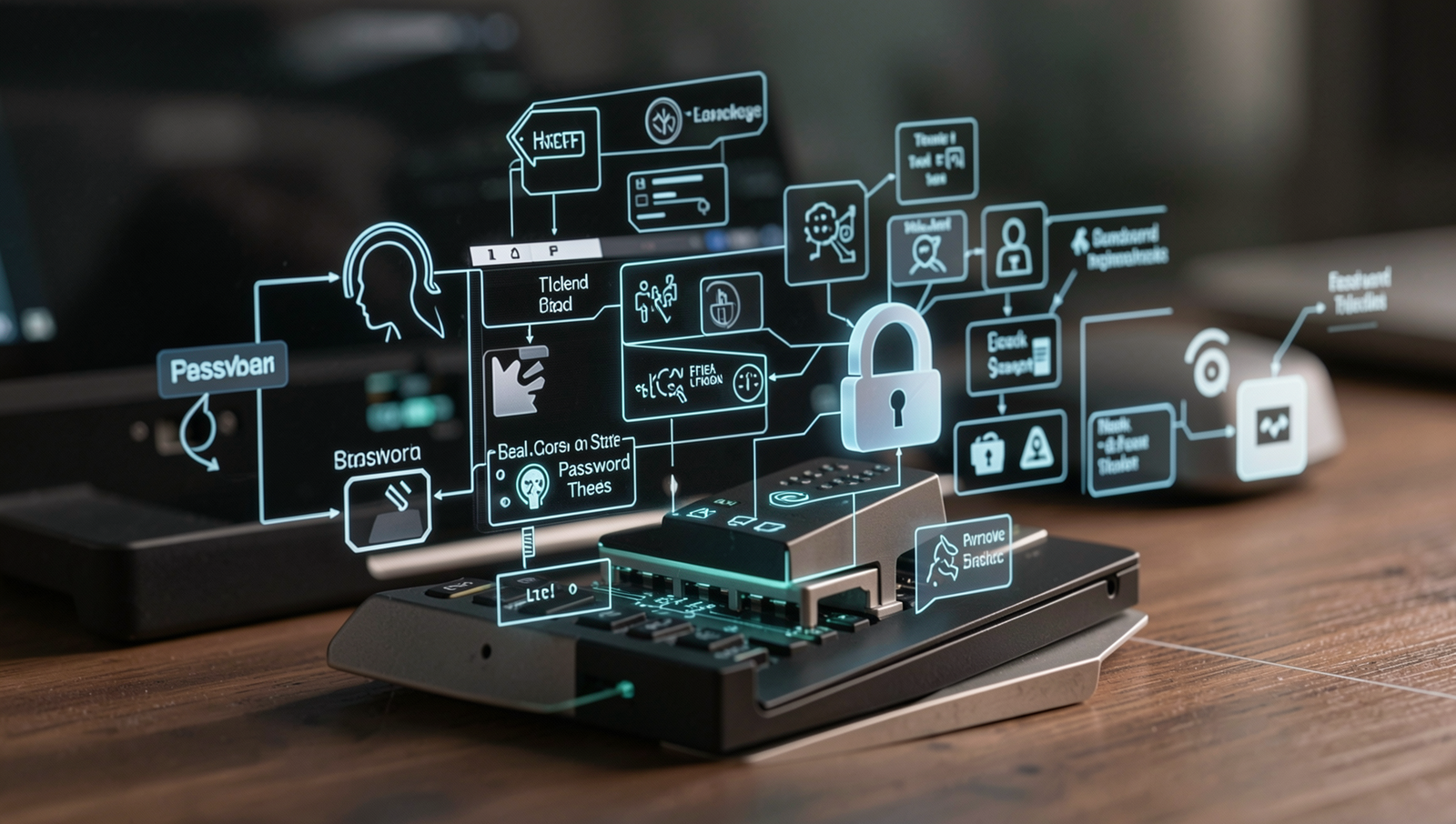 Illustration of various password theft techniques in a realistic style.
