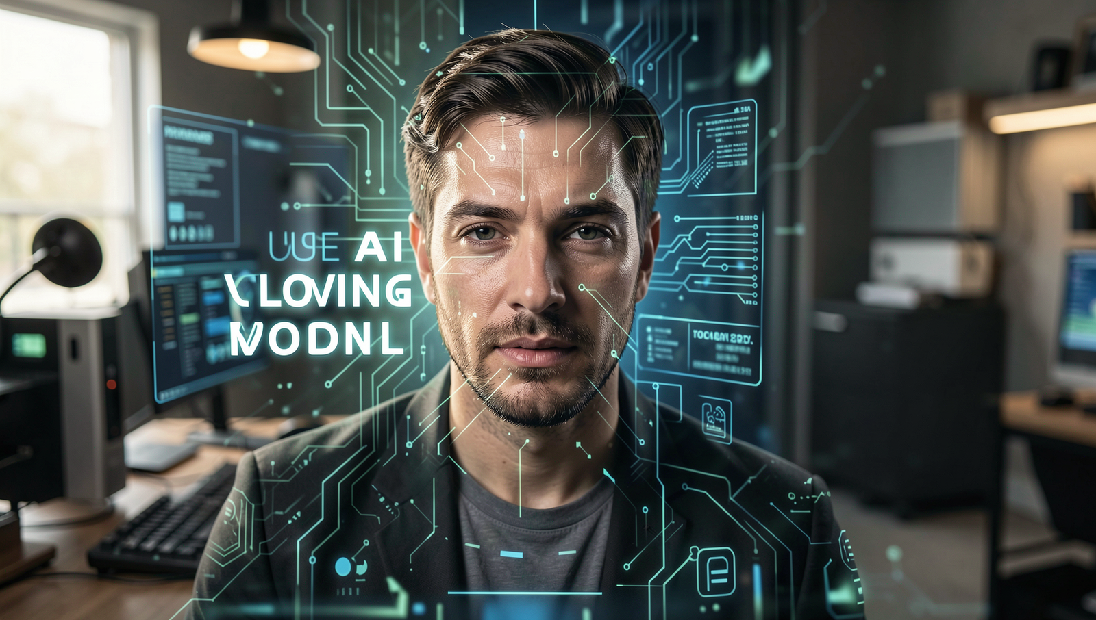 A professional editorial photo illustrating AI voice cloning and cybersecurity threats.