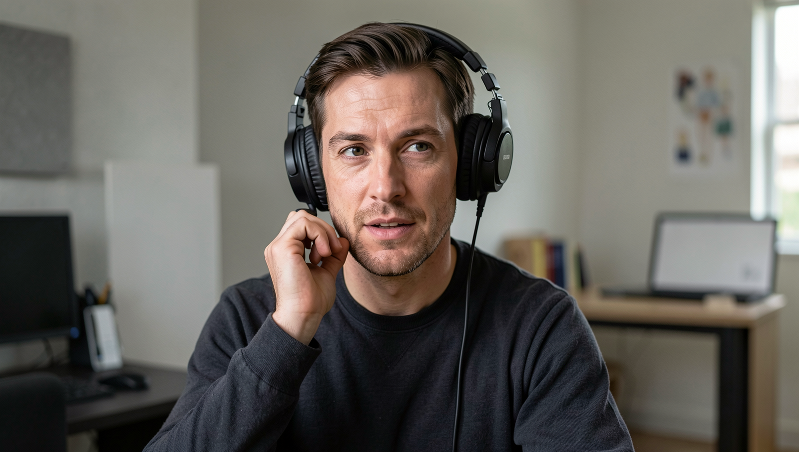 Scammer using voice cloning technology to deceive victims in a professional setting.