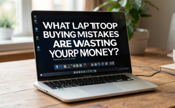 A person examining laptops in a store, highlighting common buying mistakes.