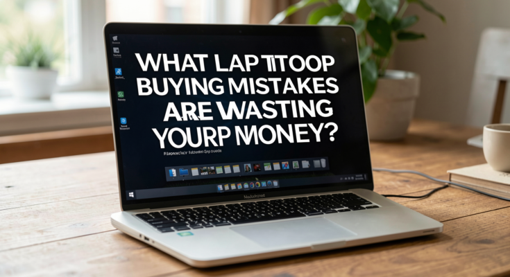 A person examining laptops in a store, highlighting common buying mistakes.