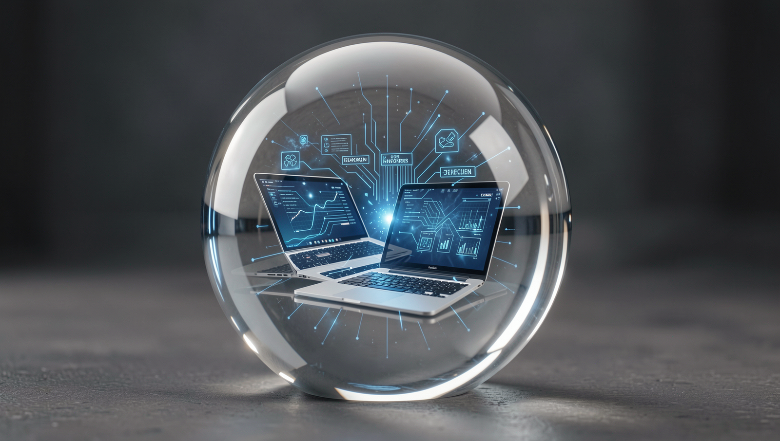 Crystal ball displaying future technology trends with laptops in natural lighting.