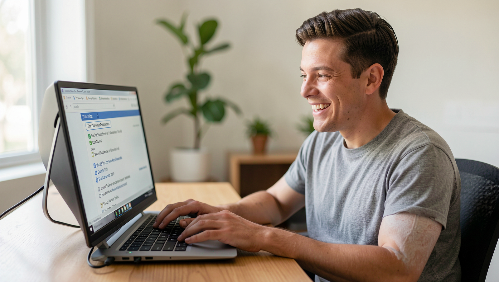 Person smiling while using a computer with saved passwords displayed.