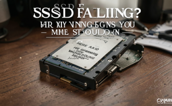 Close-up of a computer SSD with warning lights, showcasing signs of failure.