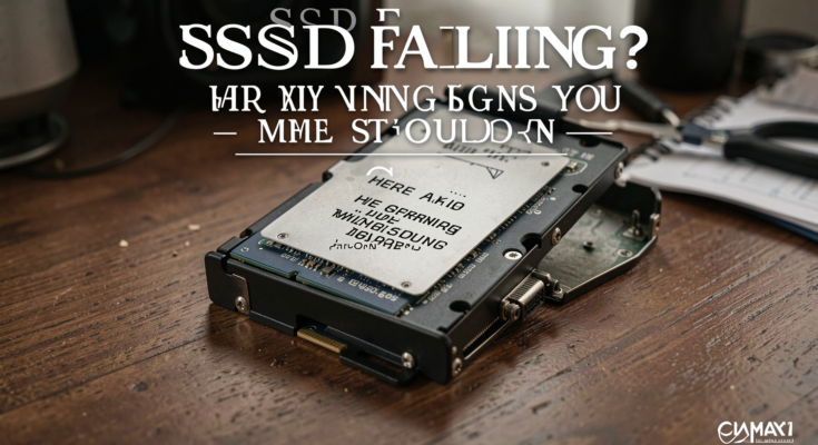 Close-up of a computer SSD with warning lights, showcasing signs of failure.