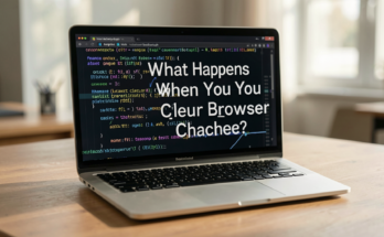 A computer screen displaying a browser cache clearing process in a modern workspace.