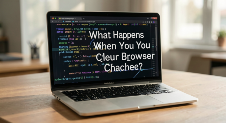 A computer screen displaying a browser cache clearing process in a modern workspace.