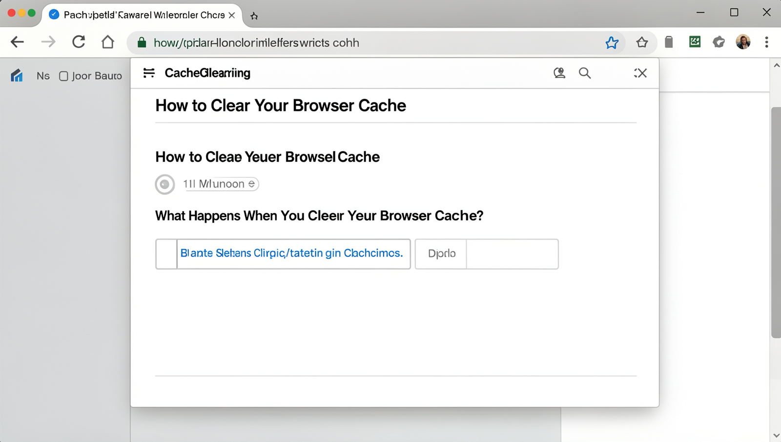 Screenshot of a browser cache clearing process with detailed technical steps.