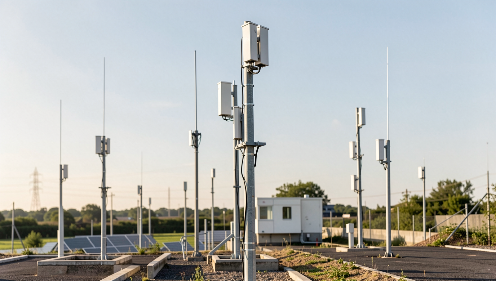 Detailed illustration of 5G infrastructure featuring small cell towers in natural lighting.