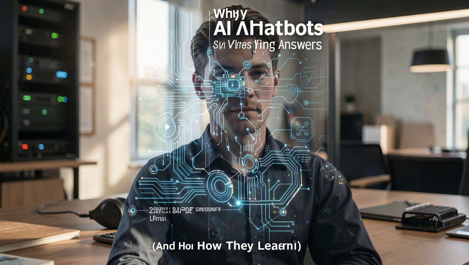 A high-end editorial image illustrating AI chatbots in a tech environment.