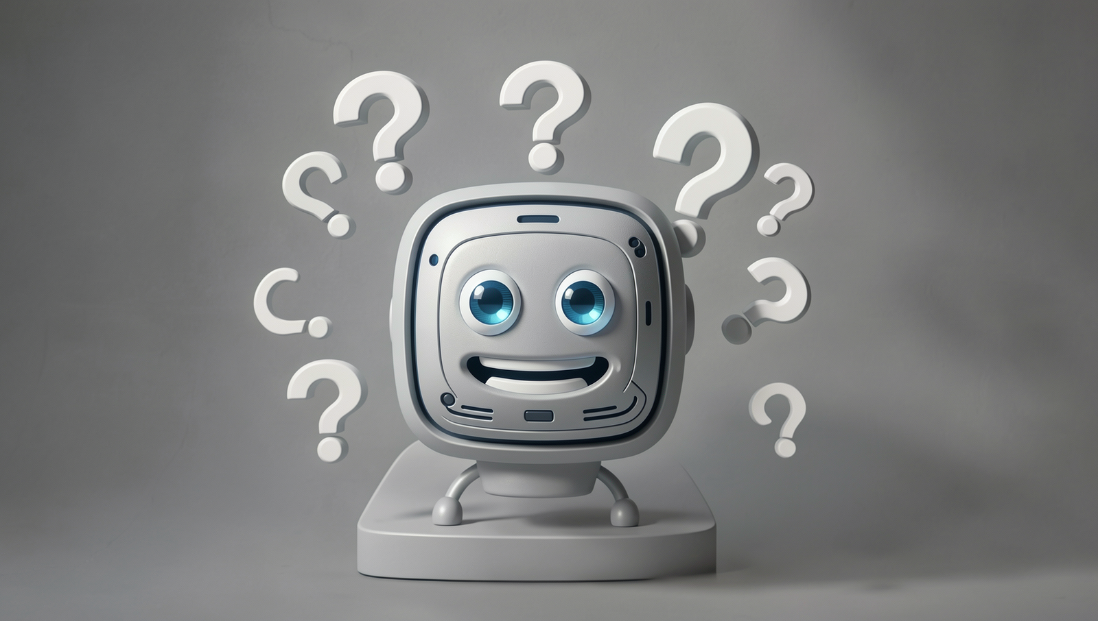 A photorealistic chatbot surrounded by question marks, illustrating confusion in AI responses.