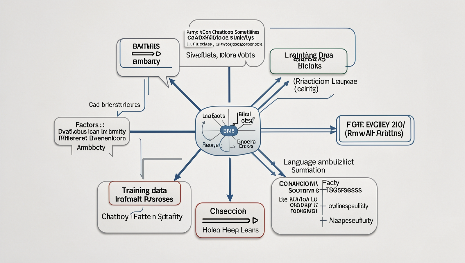 Diagram illustrating factors affecting chatbot responses, including training data and language ambiguity.