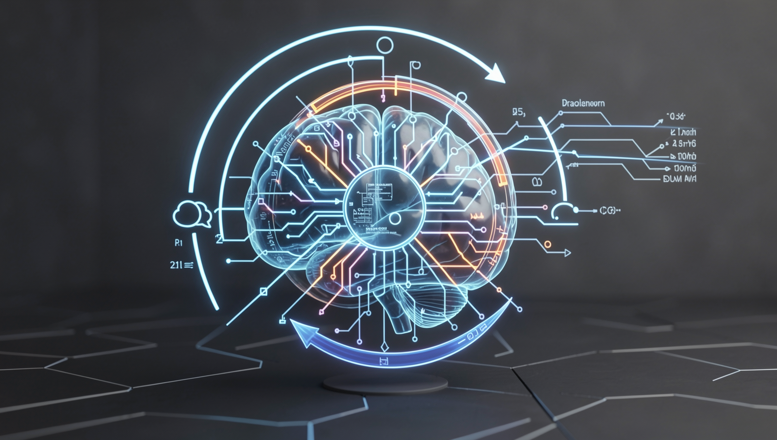 Visual representation of a chatbot evolving through learning cycles with natural lighting.