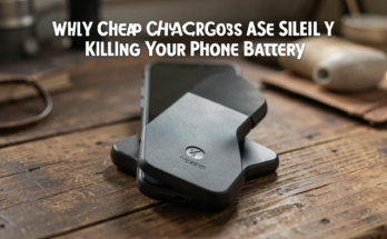 Close-up of a smartphone charging with a cheap charger in a natural setting