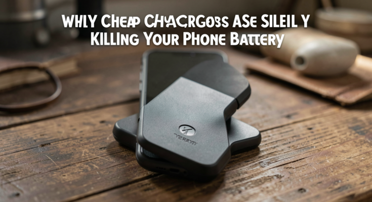 Close-up of a smartphone charging with a cheap charger in a natural setting