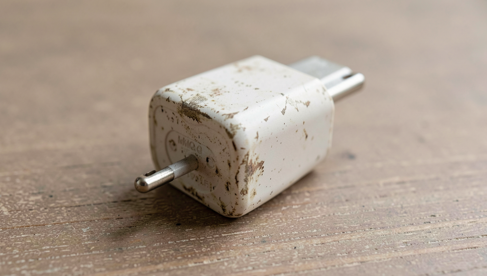 Close-up of a worn cheap phone charger showing signs of damage and wear.