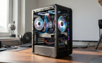 Close-up of a computer with visible overheating components and cooling solutions.