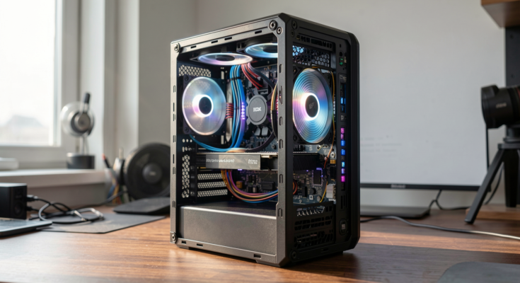 Close-up of a computer with visible overheating components and cooling solutions.