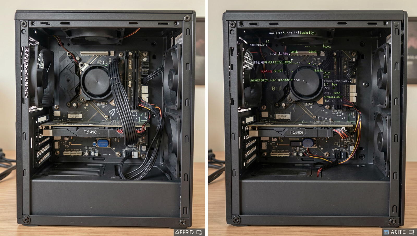Before and after images of a cleaned PC interior showcasing detailed components.