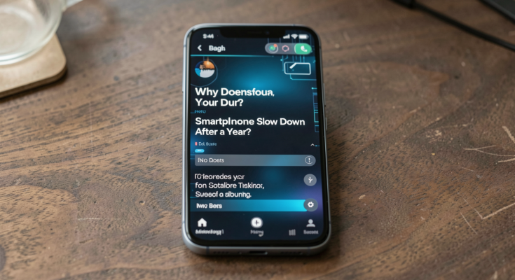 Close-up of a smartphone with a blurred background, illustrating technology and performance issues.