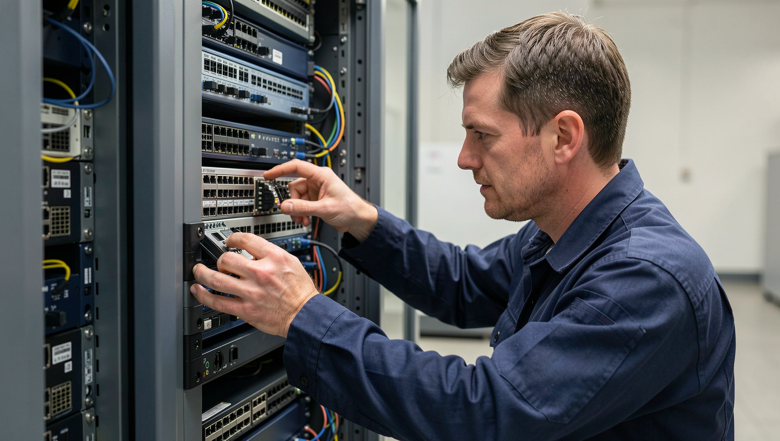 Technician examining networking equipment for Wi-Fi issues in a professional setting.