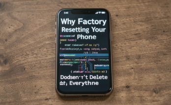 A close-up of a smartphone on a wooden table, showcasing a factory reset process.