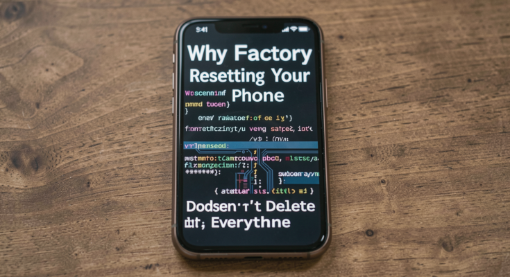 A close-up of a smartphone on a wooden table, showcasing a factory reset process.