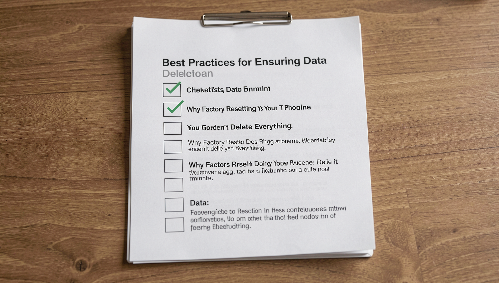 Detailed checklist for data deletion with realistic lighting and sharp focus.