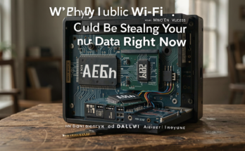 A person using a laptop in a café with visible public Wi-Fi signals, highlighting security risks.