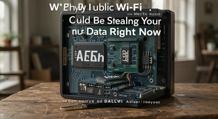A person using a laptop in a café with visible public Wi-Fi signals, highlighting security risks.