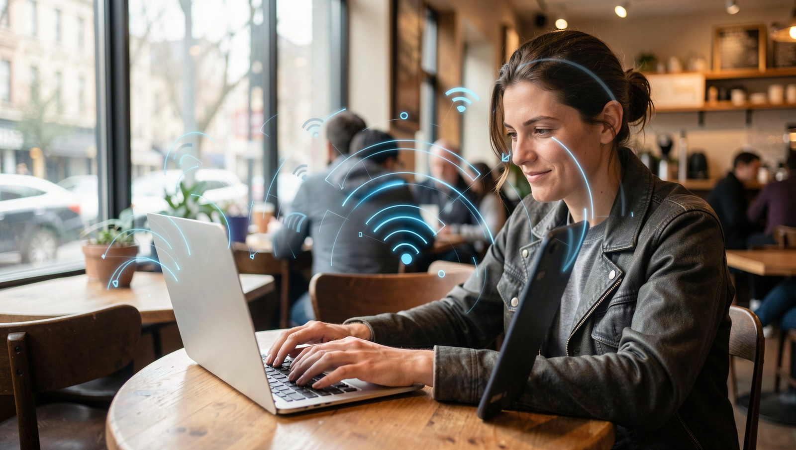 Person using a laptop in a coffee shop with visible Wi-Fi signals.
