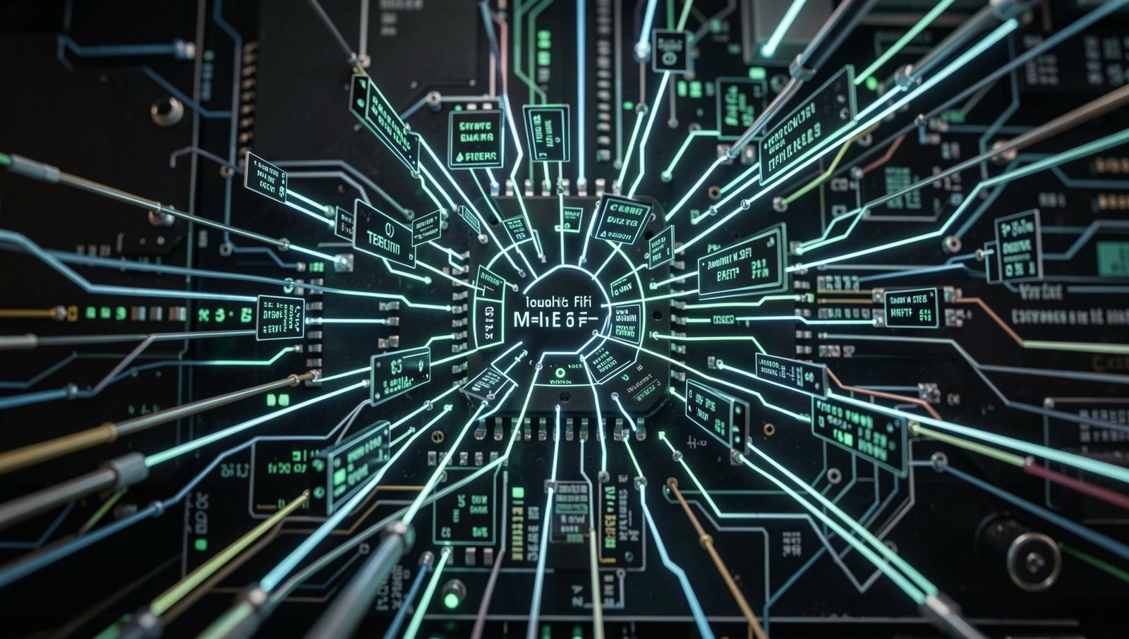 Illustration of data packets being intercepted in a public Wi-Fi environment.