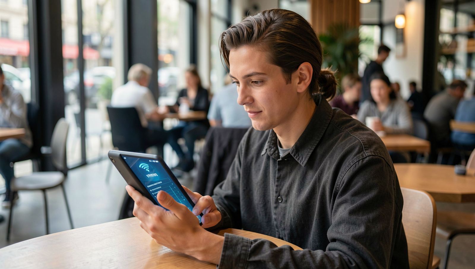 Person using a VPN on a laptop in a busy public space to secure data.