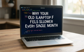 A close-up of an old laptop on a desk, showcasing wear and tear in natural light.