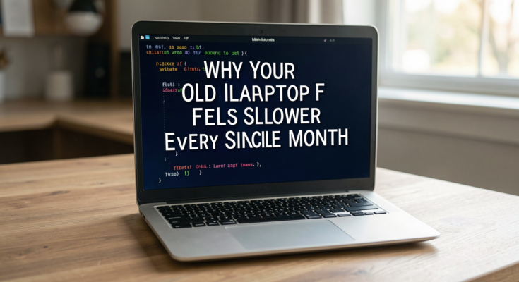 A close-up of an old laptop on a desk, showcasing wear and tear in natural light.