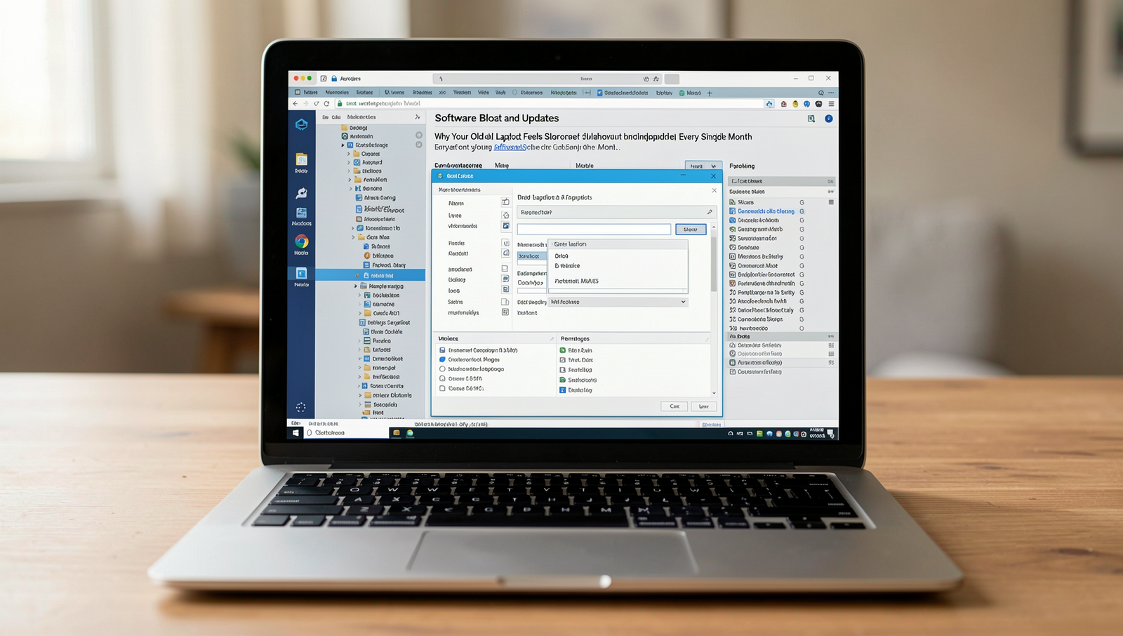 Laptop screen displaying software bloat with multiple open applications and cluttered interface.